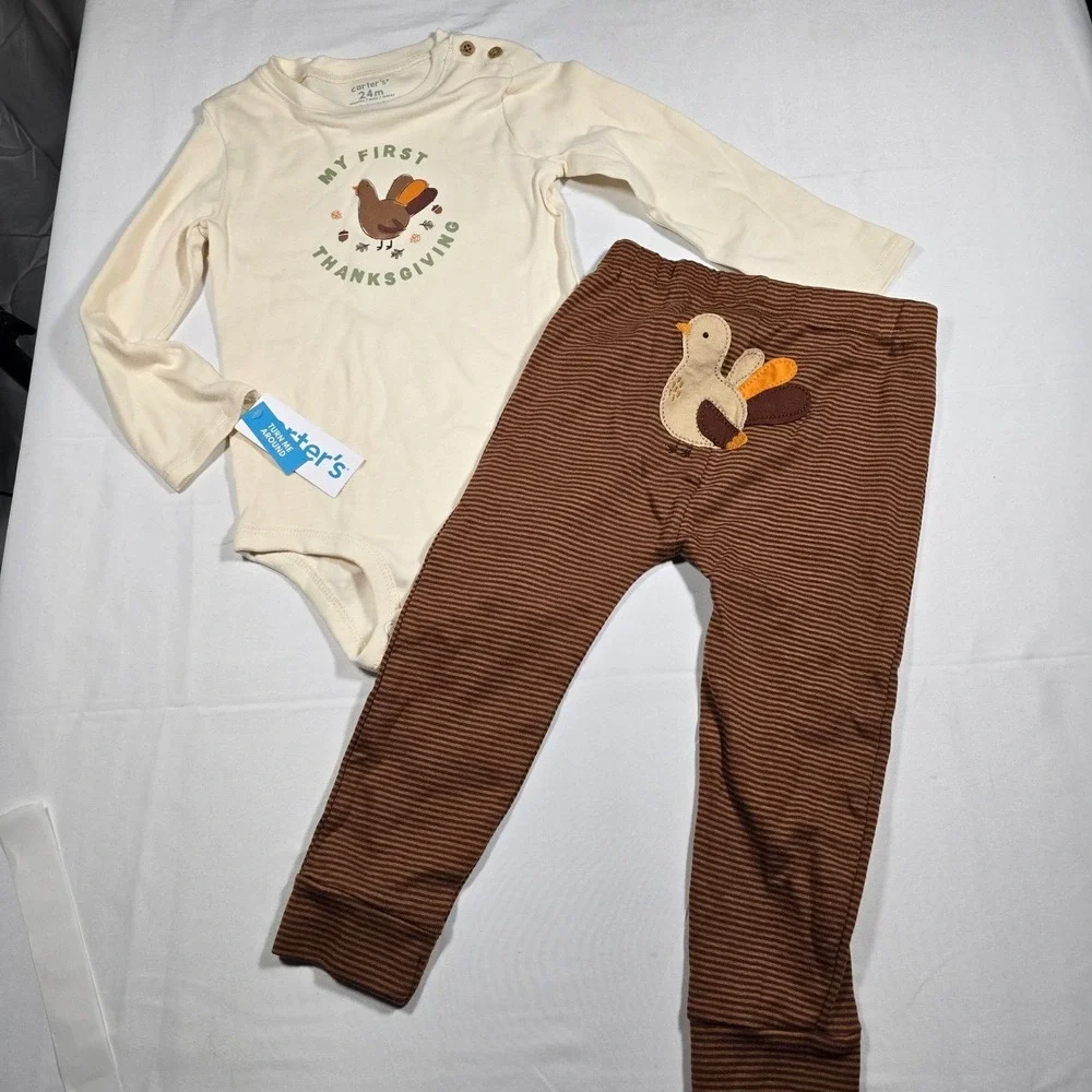 Carters Baby Boy 24M My First Thanksgiving Turkey Bodysuit Outfit Striped Pants - Picture 1 of 4